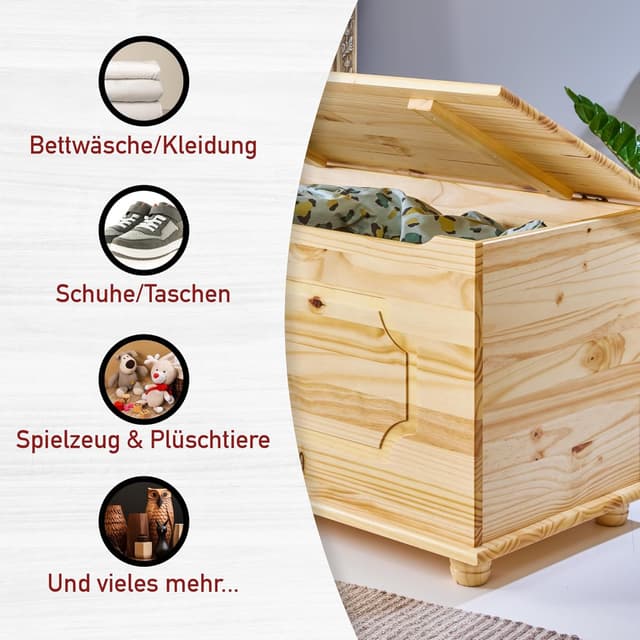 Detalle de Cassapanca portaoggetti in legno massiccio Inter Link Emel Naturel, con coperchio a cerniera