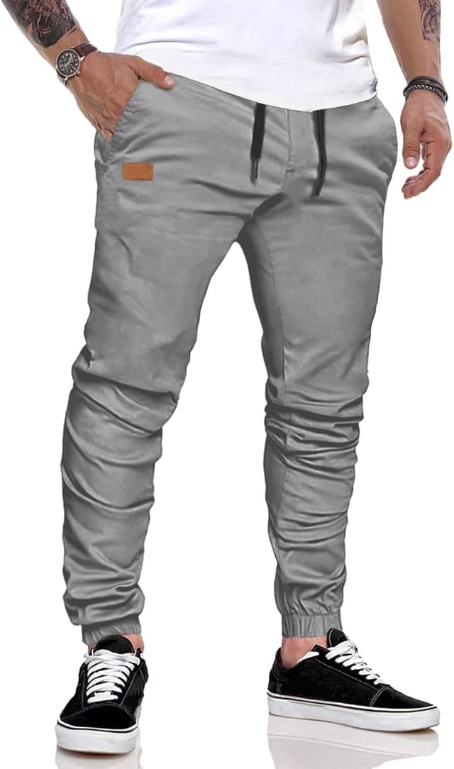 Detalle de JMIERR Herren Chino Cargo Jogginghose aus Baumwolle mit elastischem Bund und Kordelzug