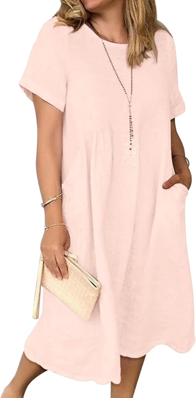 Detalle de Tincini Sommerkleid Damen aus Leinen & Baumwolle – V-Ausschnitt Midikleid mit A-Linie