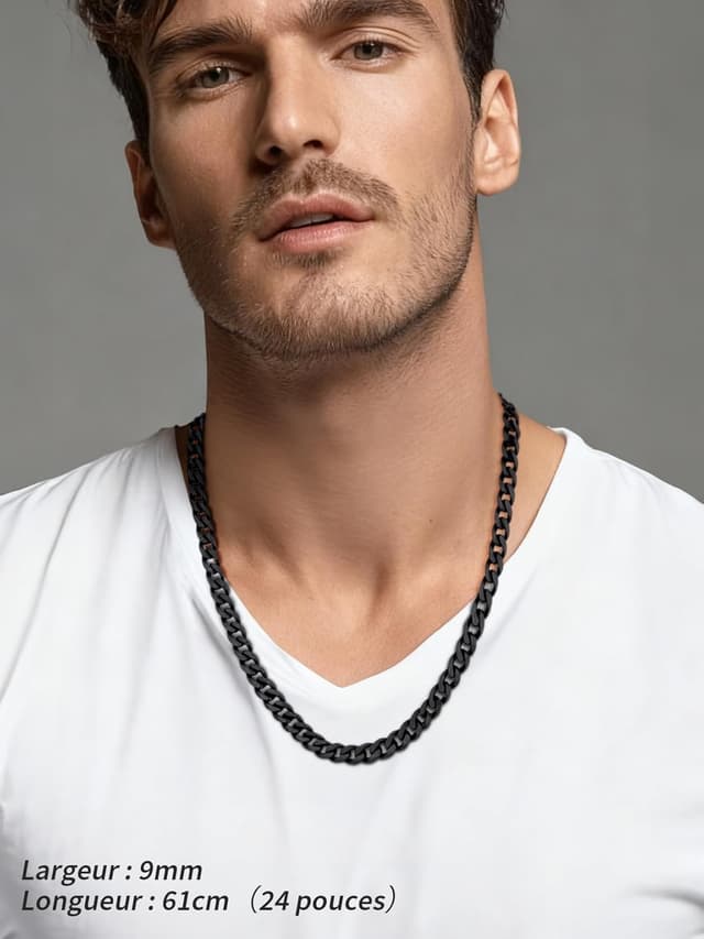 Detalle de Collier chaîne homme FindChic en acier inoxydable 316L maille gourmette cubaine (largeur 6/9 mm, longueur 46 à 76 cm)