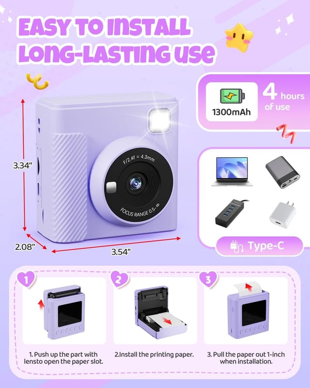 Thumbnail 6 de TIATUA Kids Instant Print Camera (Purple) — 1080P HD Video + Instant Black-and-White Prints for Ages 3–14