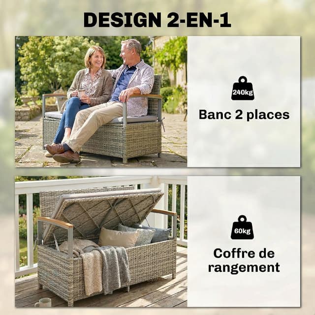 Detalle de Outsunny Banc de jardin avec coffre de rangement 170 L – banquette 2 places en résine tressée grise