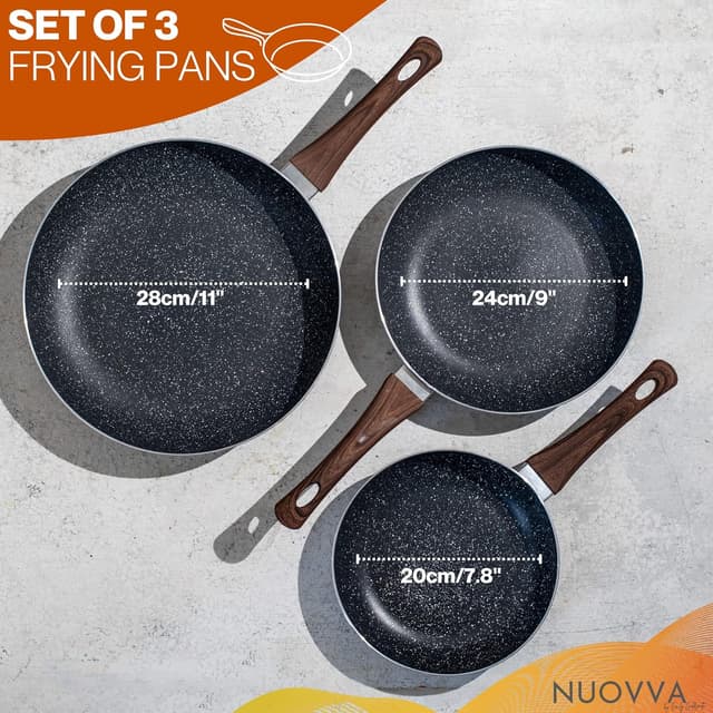 Detalle 2 de nuovva Induction Hob Pan Set (3-Piece) – 20cm, 24cm & 28cm Marble Non-Stick Frying Pans