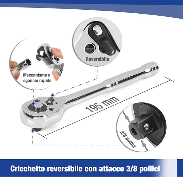 Detalle de WORKPRO Cofanetto prese Cr-V 1/4" e 3/8" con cricchetto a sgancio rapido (39 pezzi)