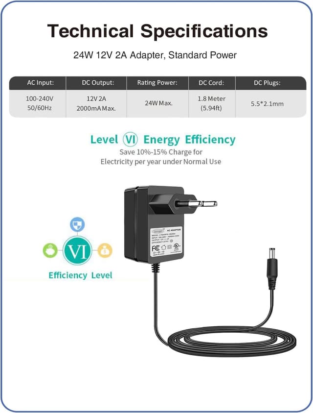 Detalle de VOLTKARE 12V 2A Netzteil-Adapter mit 1-zu-4 90°-DC-Splitter für CCTV/LED (EU-Stecker)