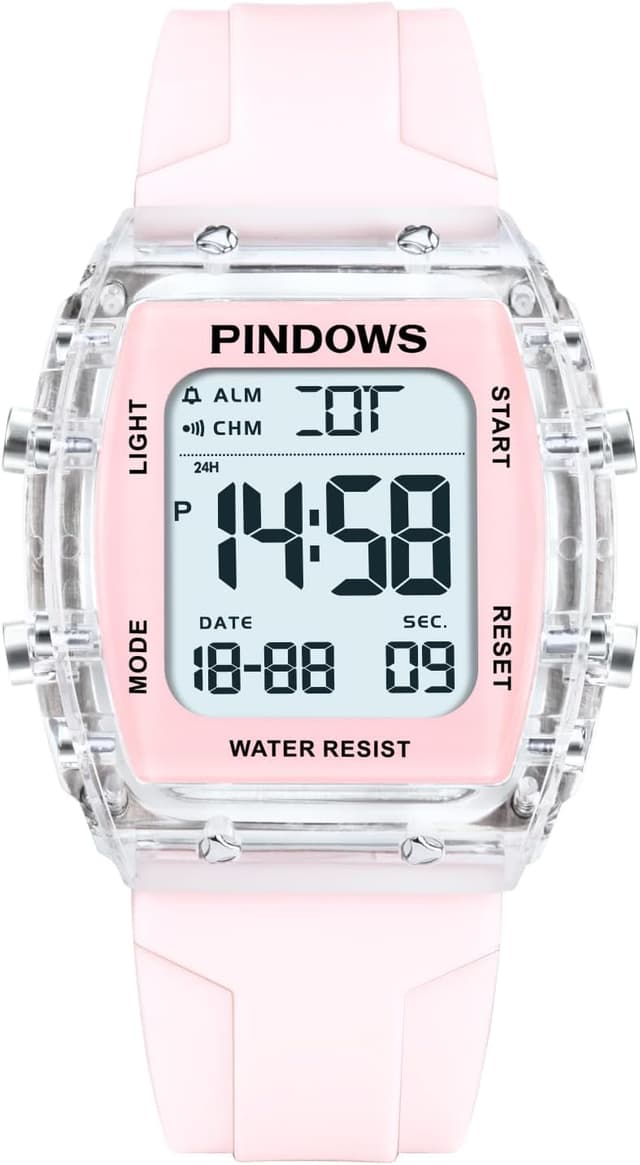 Detalle de PINDOWS Digitale Sportuhr für Damen mit transparentem Gehäuse, LED-Hintergrundlicht & 5 ATM Wasserdicht