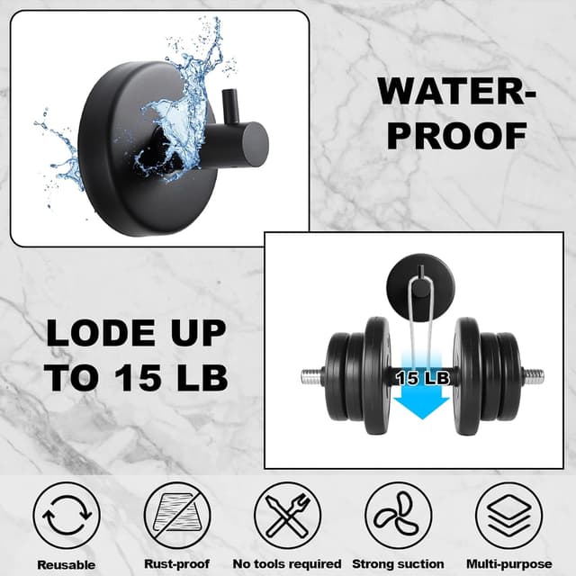 Detalle de Dntorx Suction Cup Hooks (4 Pack) – Black stainless-steel towel, robe & bath accessory hooks