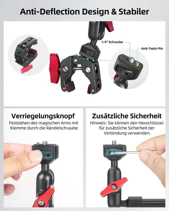 Thumbnail 6 de JEBUTU 56 cm Magic Arm mit Super Clamp, 360° flexibler Tischhalter mit 1/4"-Gewinde – schwarz/rot