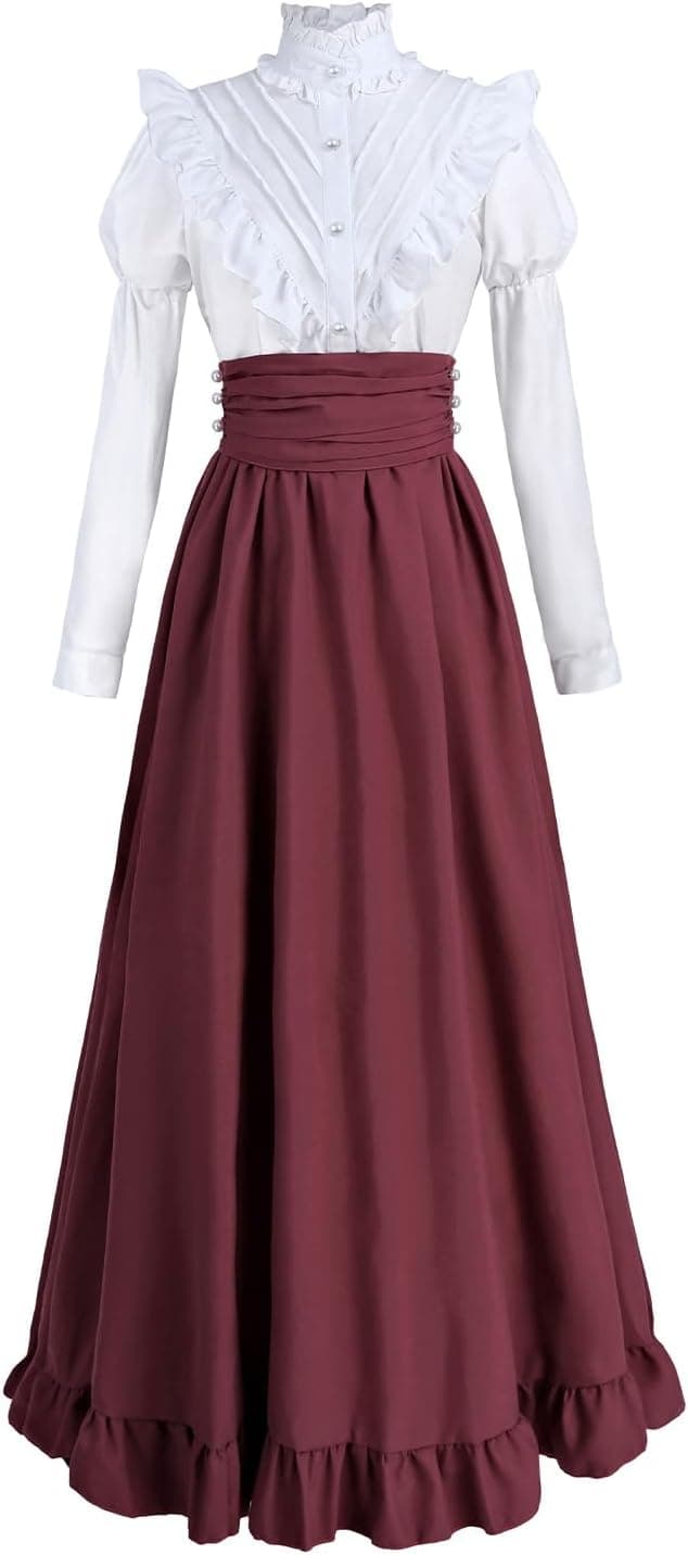 Detalle de CR ROLECOS Mittelalterkleid für Damen (2-teiliges viktorianisches Kostüm) – viktorianische Bluse, Rock & Korsett