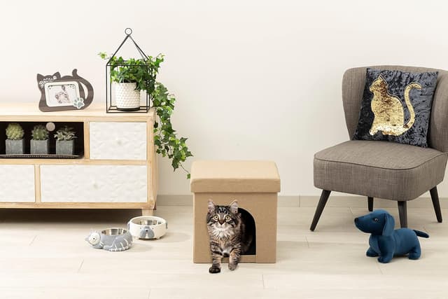 Detalle 2 de Baroni Home Cuccia Cane e Gatto pieghevole color tortora, pouf/tavolino relax 38x38x38 cm