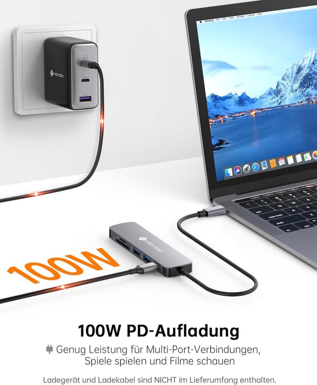 Thumbnail 5 de NOVOO USB-C Hub mit HDMI 4K@60 Hz, 2× USB-A 3.0, 100W PD & SD/TF für MacBook & weitere Typ-C-Geräte
