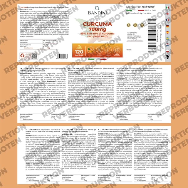 Detalle de Bandini® Curcuma 700 mg Kurkuma pro Kapsel (mit Piperin) – 120 Kapseln