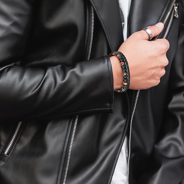 Detalle 2 de Focxoio Herrenarmband mit Tigerauge-Perlen und Leder, magnetischer Edelstahlverschluss – Geschenk für Papa, Sohn, Bruder & mehr