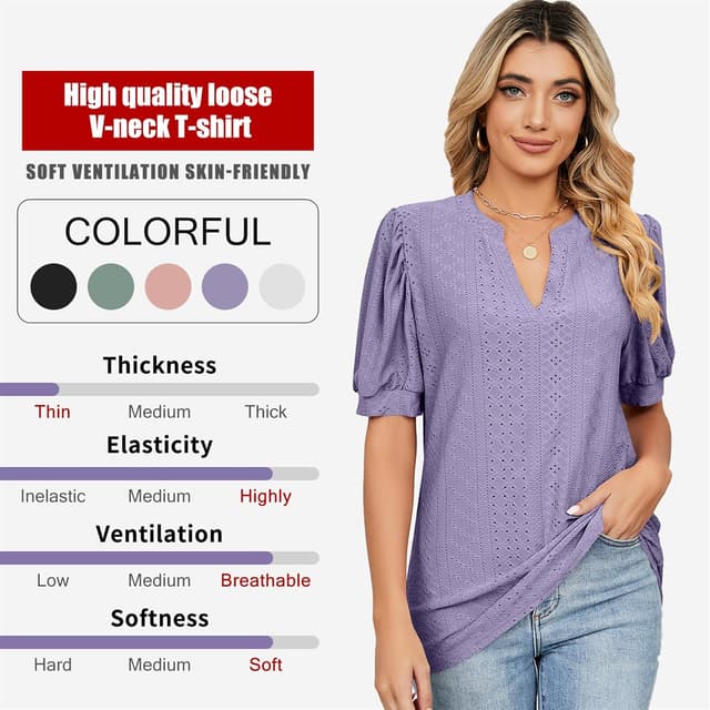 Thumbnail 6 de EDOTON Donna maglietta con scollo a V e maniche a vescica, camicetta casual in poliestere (taglie S–XXL)