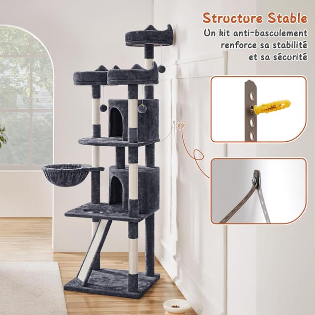 Detalle de Yaheetech Kratzbaum 193 cm XXL deckenhoch mit 8 Sisalstämmen, 2 Katzenhöhlen & 3 Aussichtplattformen (dunkelgrau)