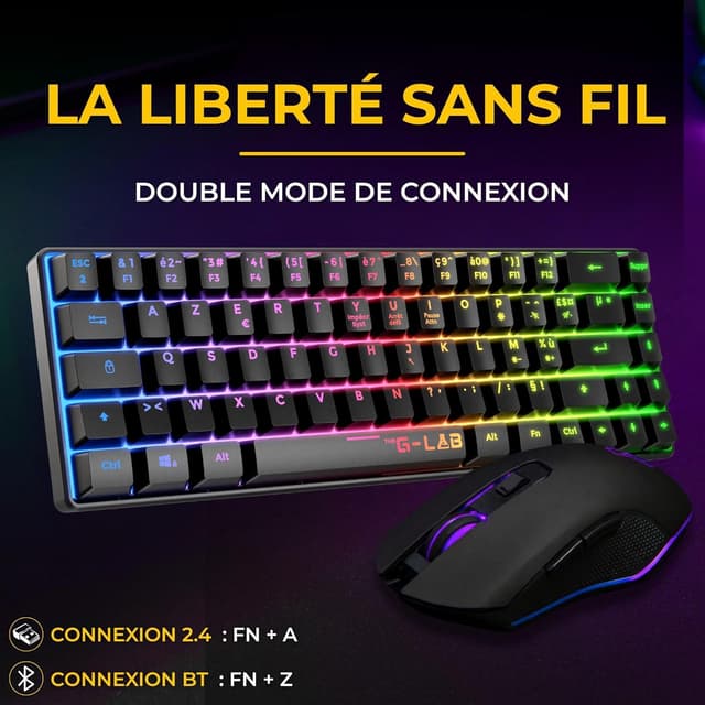 Detalle de The G-Lab Combo Hydrogen WL: kabellose 60%-AZERTY-Gaming-Tastatur & Gaming-Maus (7200 DPI) Dual-Modus