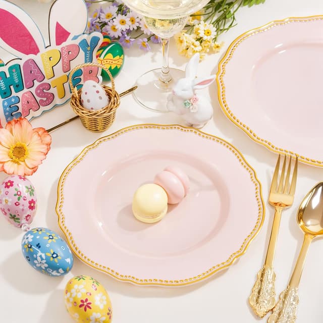 Detalle 2 de Hioasis 60pcs Pink Plastic Plates (10.25 in) with Pink & Gold Rim — BPA-Free Disposable Dinnerware for Parties