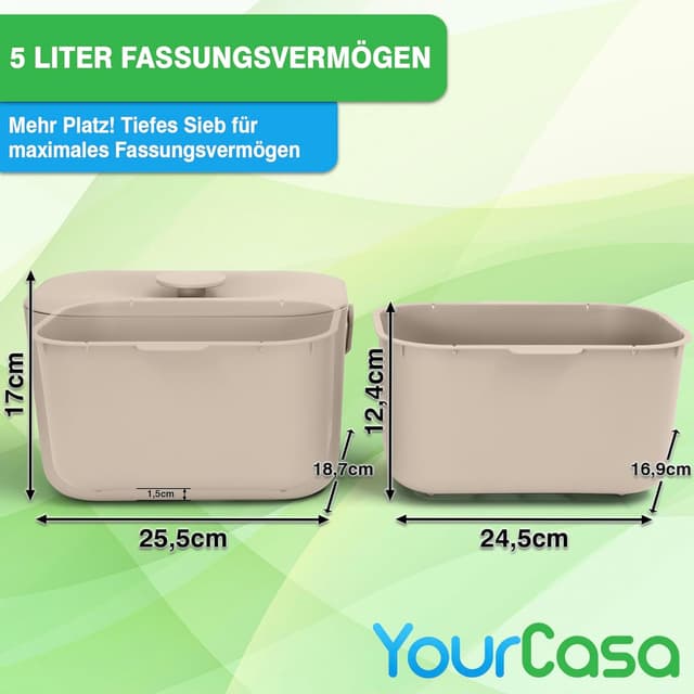Thumbnail 6 de YourCasa Biomülleimer Küche 5 l – spülmaschinenfester Komposteimer mit Sieb und geruchsdichtem Deckel