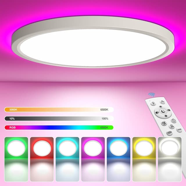 Detalle de YiLaie 24W LED-Deckenleuchte mit RGB-Farbwechsel, dimmbar (3000K–6500K) und 2,4G-Fernbedienung, Ø30 cm, IP44