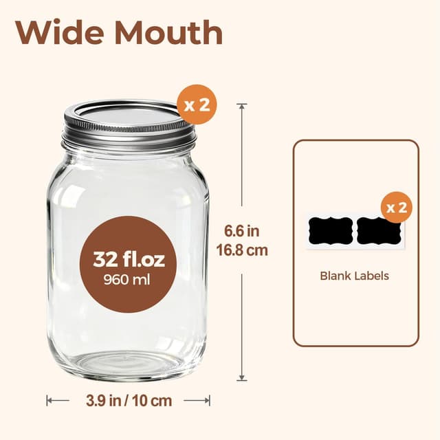 Detalle 2 de ComSaf Wide Mouth Mason Jars 32 oz glass jars 🫙