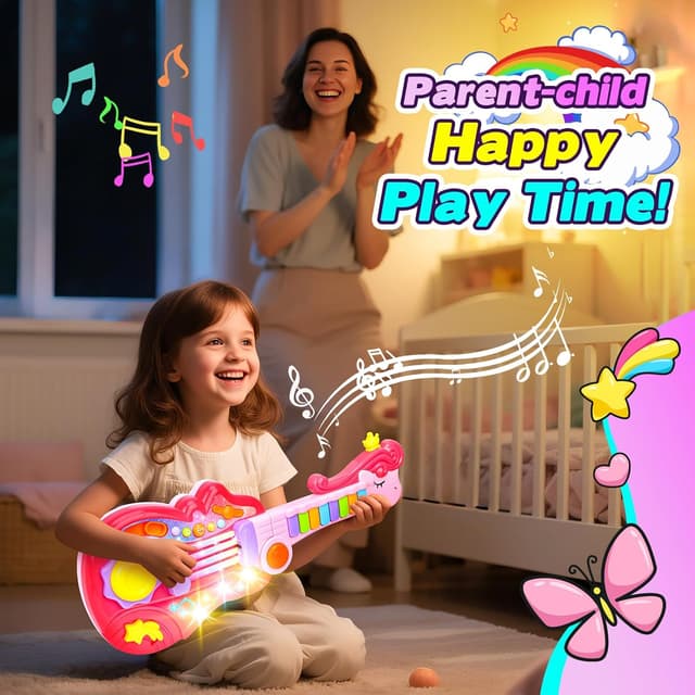 Detalle 2 de m zimoon Kids Toy Guitar 2 in 1 (folding guitar & piano) with strap, pink crown