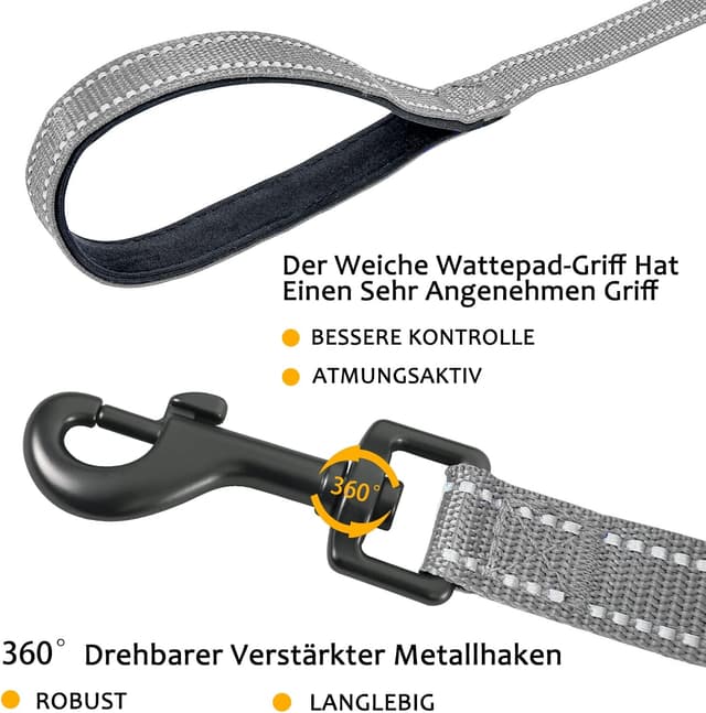 Detalle 2 de Demigreat Schleppleine für Hunde mit Reflexstreifen, gepolstertem Griff und drehbarem Sicherheits-Haken (3 m bis 20 m)