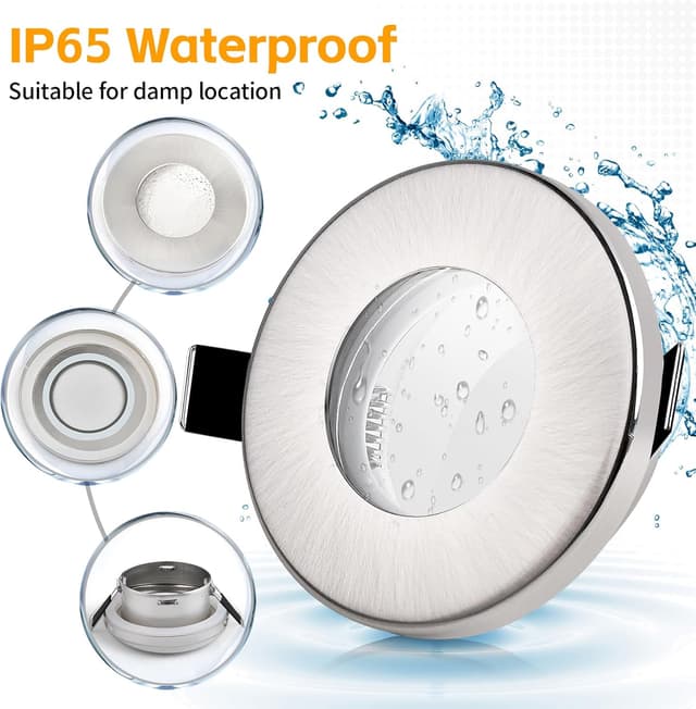 Detalle de GeyouLux 12er Set Einbaustrahler-Rahmen IP65 für GU10 (Eisen Nickel), Lochmaß 68 mm