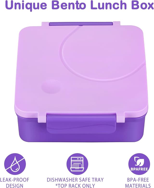Detalle de Kids Bento Lunch Box Set with 8oz Soup Thermo (Leak-Proof) + 4-Compartment Containers, Insulated Lunch Bag - Purple