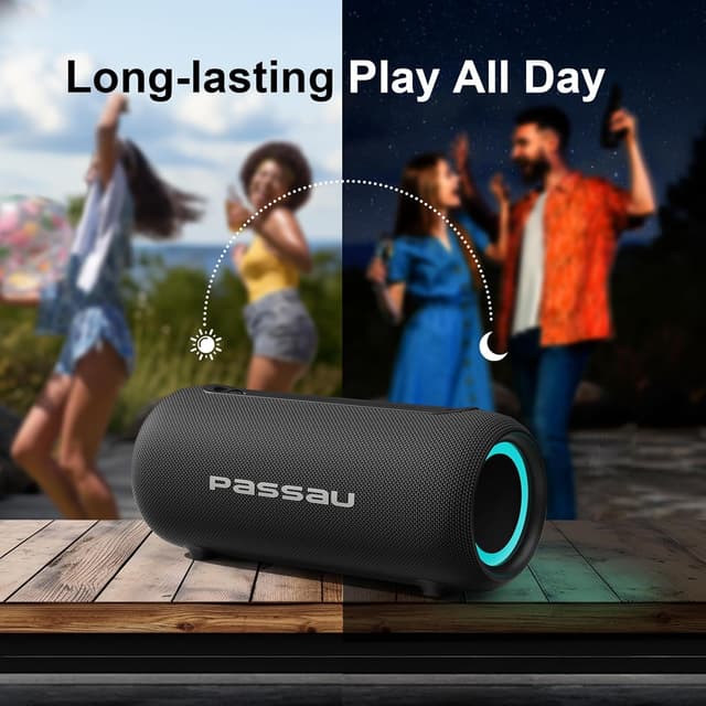 Detalle 2 de Passau Portable Bluetooth Speakers 40W Peak (BT 5.3) with Passive Radiators, IPX5, RGB Lights, Adjustable Strap