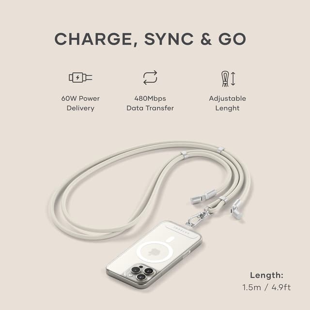 Detalle de Satechi OntheGo USB-C Lanyard Cable (60W fast charging, 480Mbps) – Sand