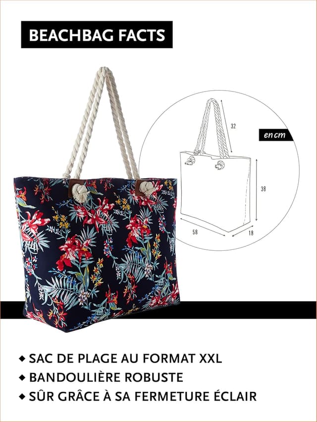 Detalle de DonDon sac de plage hydrofuge avec fermeture à glissière, grand shopper pour la plage et les sorties