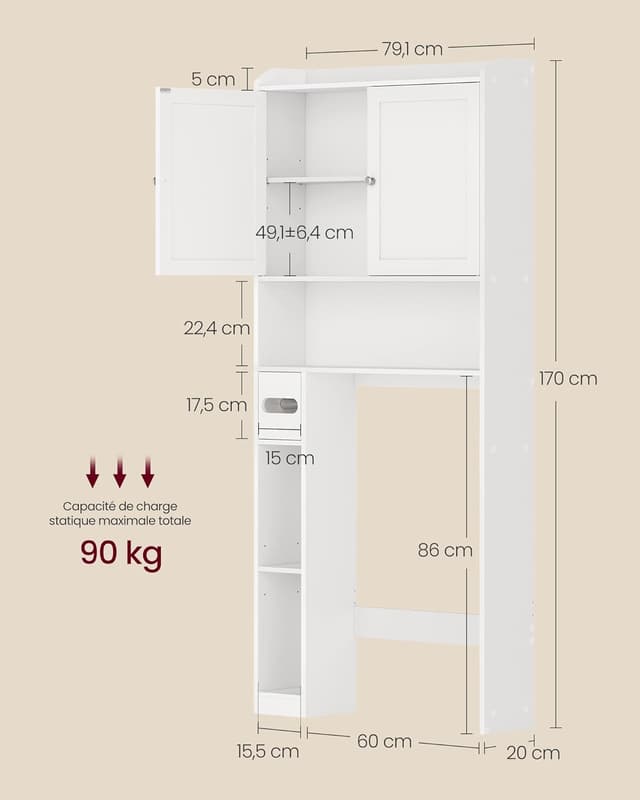 Detalle de VASAGLE Meuble WC BTS018W01V1 (20 x 79,1 x 170 cm) – armoire de rangement pour salle de bain, étagères ajustables
