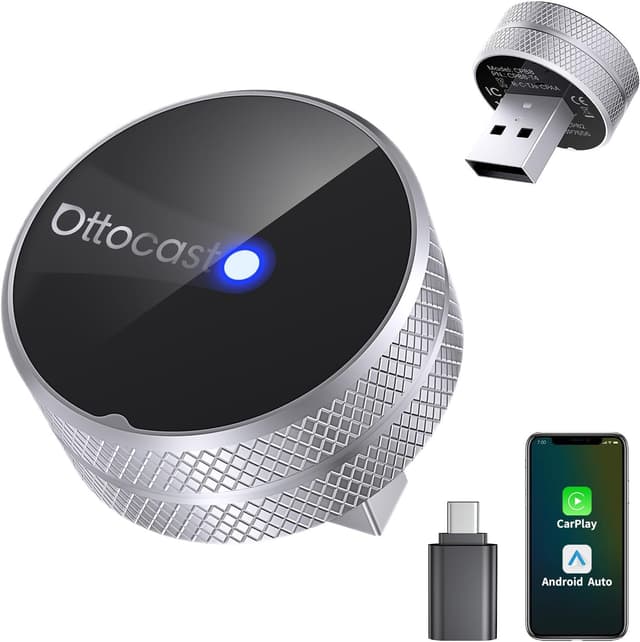 Detalle de OTTOCAST Mini Tube 2026 adattatore wireless CarPlay e Android Auto (USB-A/Type-C) con aggiornamenti OTA