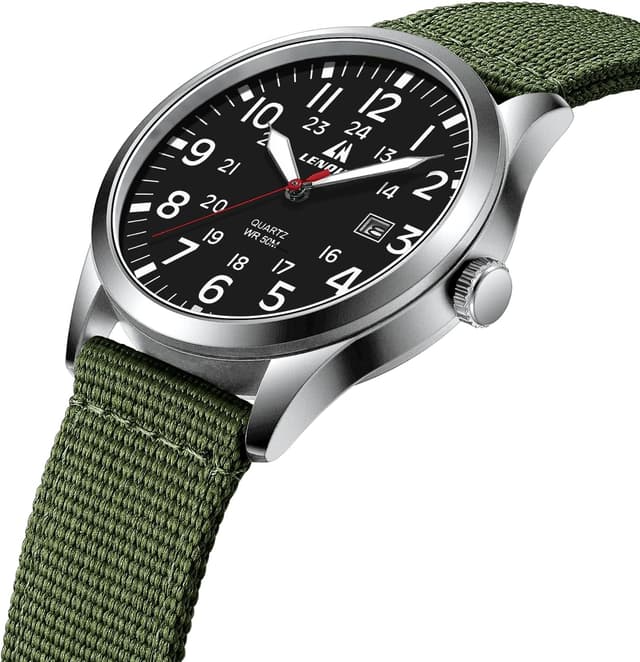 Detalle de LN LENQIN men’s military-style analog quartz watch with date, 42mm steel case & nylon strap (water-resistant 3 ATM)