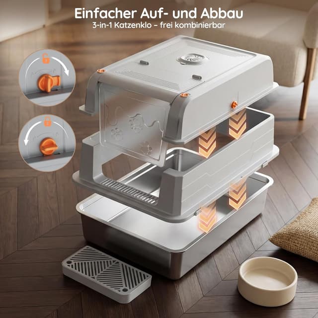 Detalle de Devoko XXXL Katzenklo aus Edelstahl mit Deckel (geschlossen, 3-in-1) für große Katzen bis 20 kg