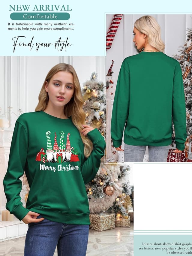 Detalle 2 de Yihelian Damen-Weihnachtssweatshirt mit 3 Wichtel-Print – Rundhalsausschnitt