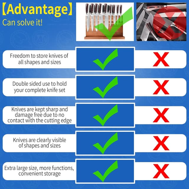 Thumbnail 6 de XYJ Extra Large Magnetic Knife Block (Acacia Wood) – Double-Sided Holder with Strong Magnetic Strip, No-Drill Storage