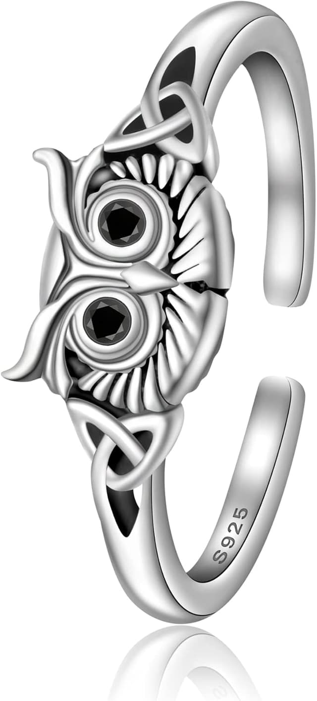 Detalle de CHIC & ARTSY Nachteulen-Ring aus 925er Sterlingsilber – offener verstellbarer Eulenring für Damen