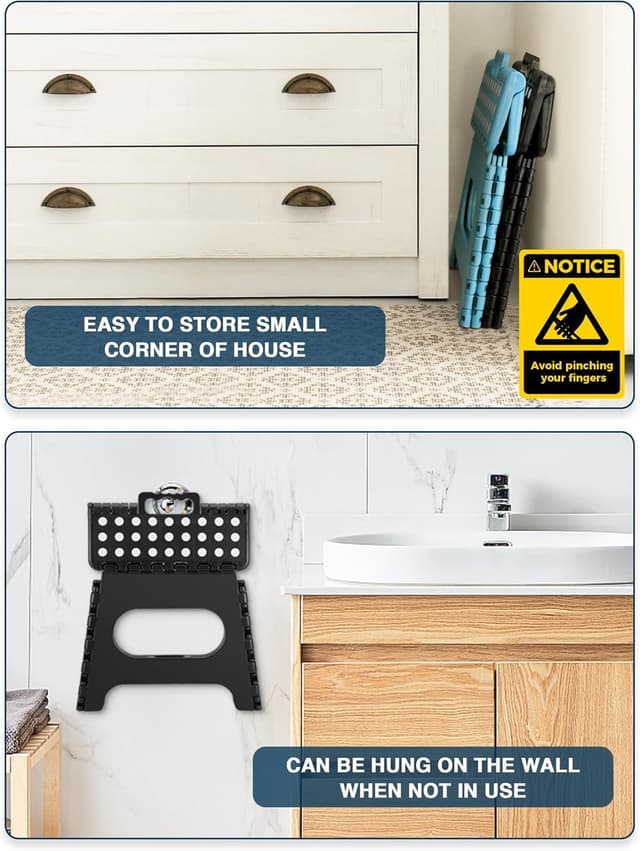 Detalle de HOUSE DAY Klapphocker faltbar 27 cm Schwarz – stabiler Tritthocker mit Anti-Rutsch-Füßen