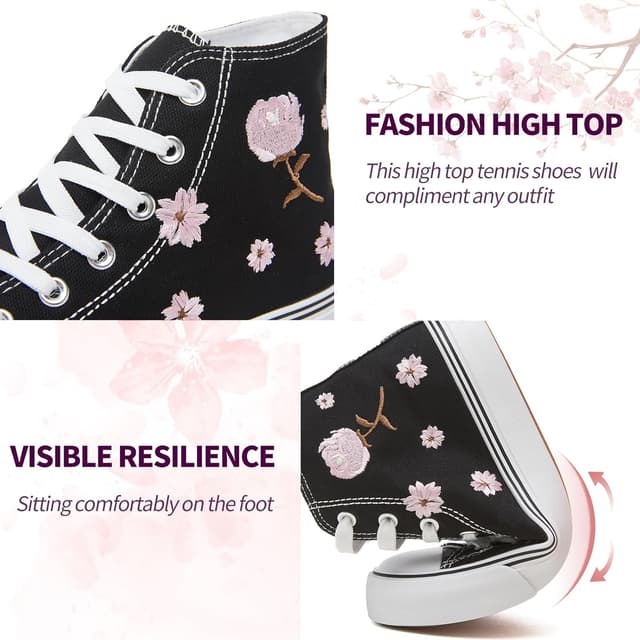 Detalle 2 de kufeiti Women’s High Top Canvas Sneakers (Lace-Up) in White/Black with Floral Embroidery