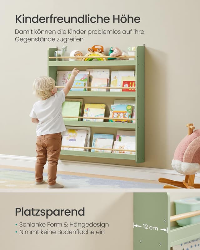 Detalle de SONGMICS Kinder-Bücherregal GKR014CE02 mit 4 Ebenen (wandmontiert) – lorbeergrün/natur