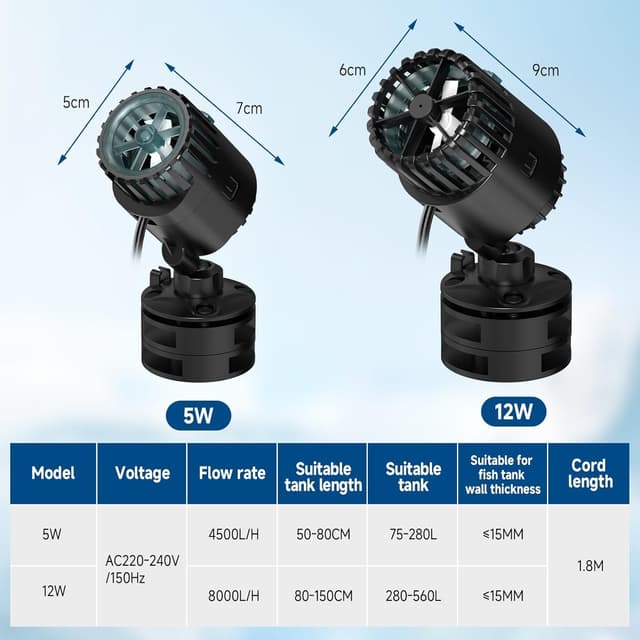 Thumbnail 6 de AQQA Aquarium Wave Maker Pump (12W) – Ultra quiet 360° adjustable circulation powerhead for 280–560L tanks