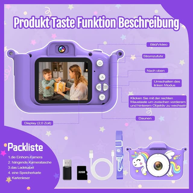 Thumbnail 6 de Kinderkamera mit 32-GB-Speicherkarte, 1080P HD und Einhorn-Silikonhülle – Selfie-Kamera für Mädchen & Jungen ab 3 Jahren