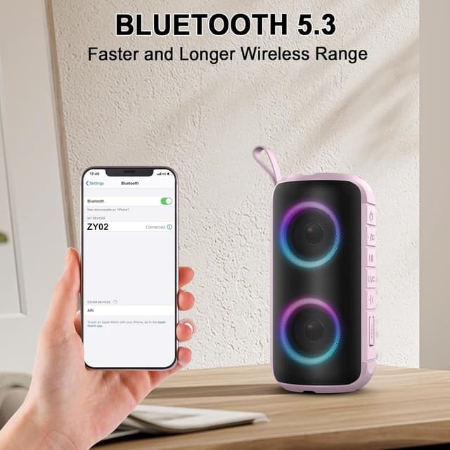 Detalle 2 de Hupoaf portable Bluetooth speaker with Bluetooth 5.3, IPX7 waterproofing, 12-hour playback and RGB lights
