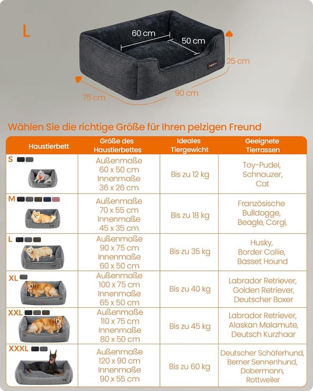 Detalle de Feandrea Hundebett Hundekissen in Leinenoptik PGW011G01 (ca. 90 x 75 x 25 cm) – dunkelgrau, L