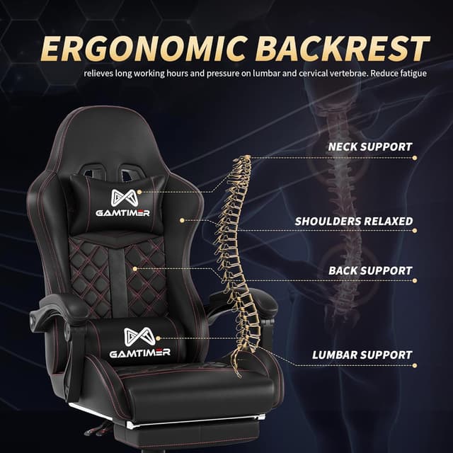 Thumbnail 6 de Gamtimer Gaming Chair (400 lbs) with Footrest, Lumbar Support, and High-Back Recline (Black)