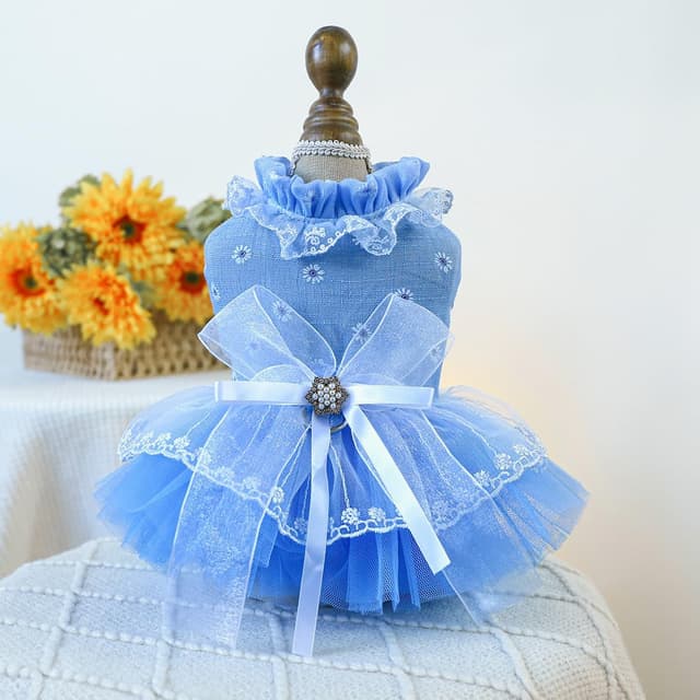 Detalle 2 de BT Bear Small Dog Dress (Large) – Puppy Skirt with Bow, Lace Princess Tutu for Wedding & Photos (Blue, L)