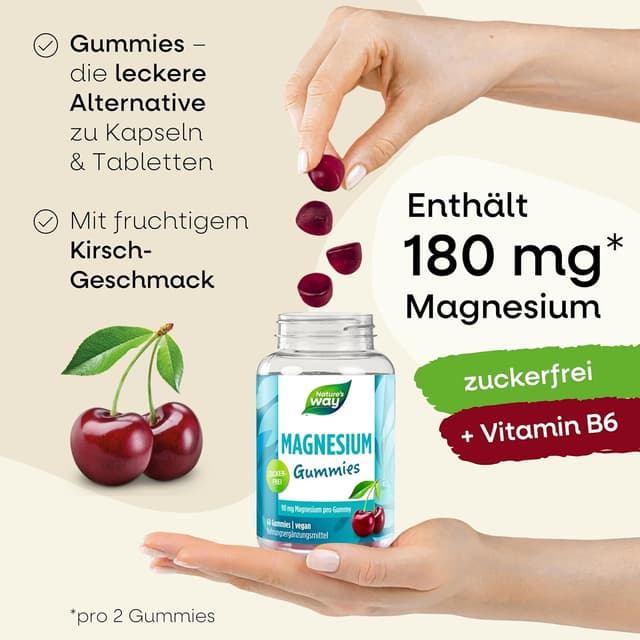 Detalle 2 de Zuckerfreie Magnesium Gummies hochdosiert mit 180 mg Magnesiumcitrat & Vitamin B6 (vegan) – 60 Stück, ab 7 Jahren
