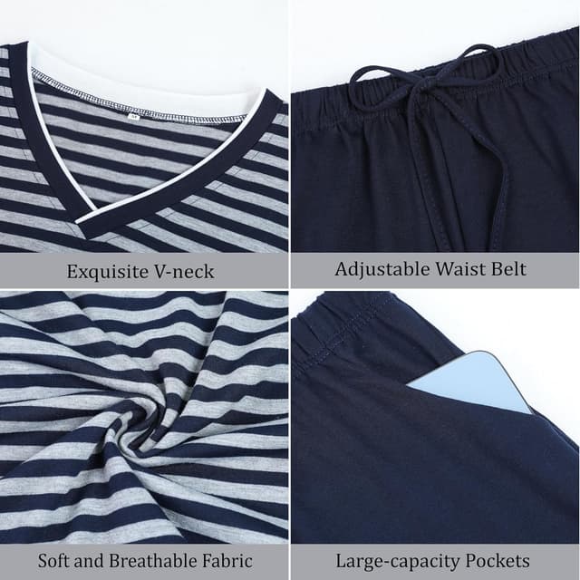 Detalle de Leversic Herren-Schlafanzug kurz aus Baumwolle mit Kontraststreifen-Design (Sommer-Pyjama Set)