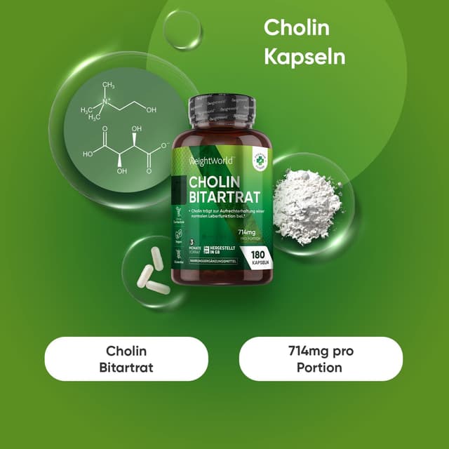 Detalle de WeightWorld Cholin Bitartrat Kapseln – 714 mg pro Portion, 180 Kapseln (für 3 Monate)